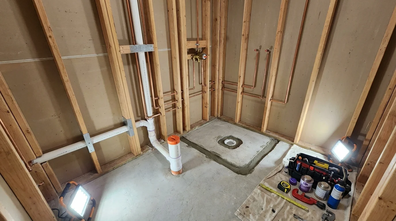 Bathroom rough-in plumbing during remodel by Johns Plumbing LLC in Cumberland
