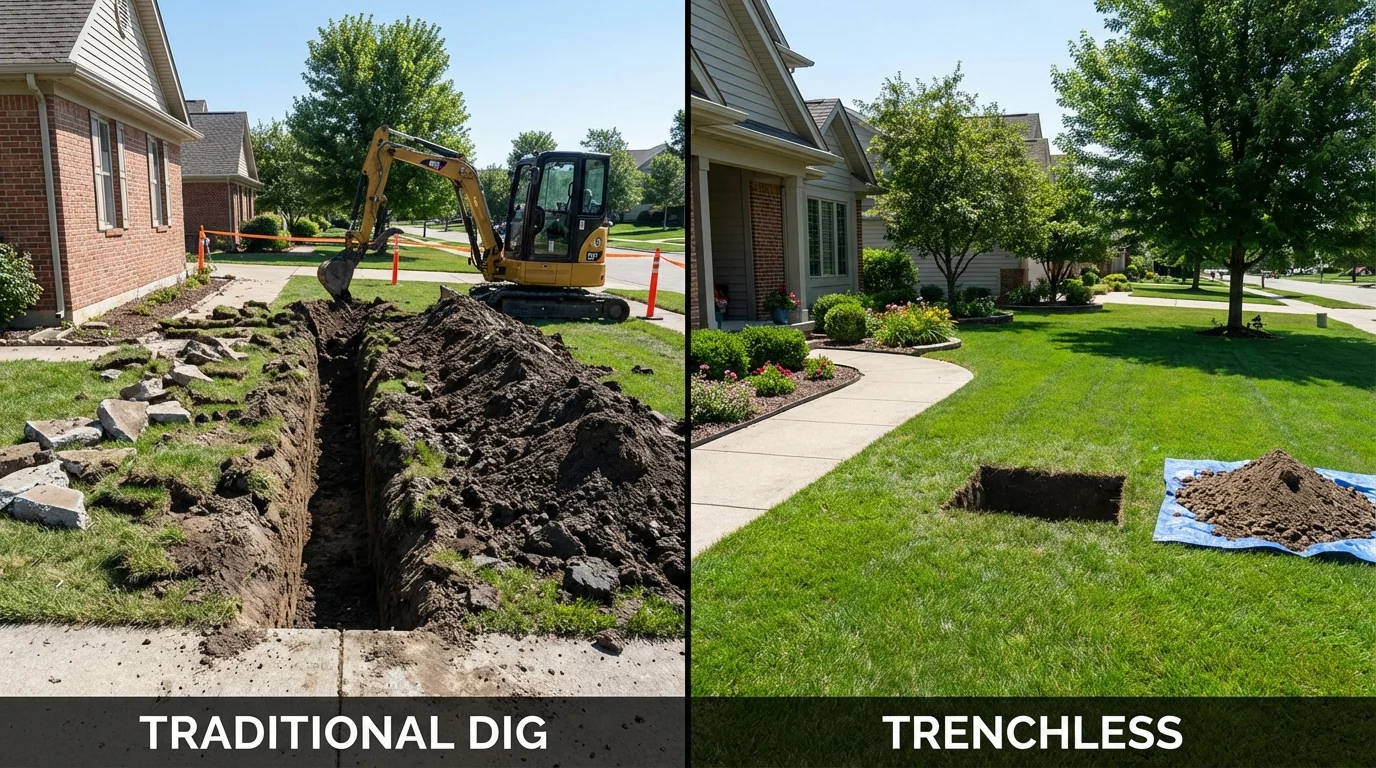 Trenchless sewer repair with minimal yard damage versus traditional excavation in Cumberland, VA